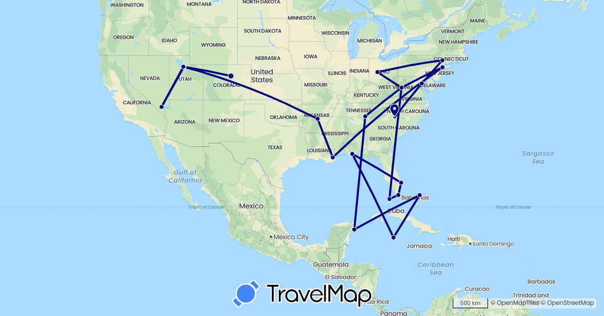 TravelMap itinerary: driving in Bahamas, Cayman Islands, Mexico, United States (North America)